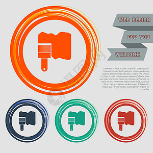 用于您网站的红色蓝色绿色橙色按钮上的画笔图标 并使用空格文本进行设计图片