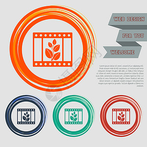 红 蓝 绿 橙色按钮上的电影图标 用于网站和空间文字设计图片