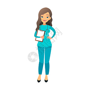 可爱的护士平面卡通插图 美丽的年轻女医生 女护士 身穿蓝色制服的医院工作人员职业清单医疗治疗外科卡通片牙医诊所医师药品图片