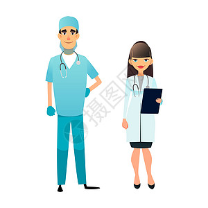 医生和护士团队 卡通医务人员 医疗团队的概念 医院的外科医生护士 专业卫生工作者 在白色上隔离的扁平字符药品清单职员化学家男性插图片