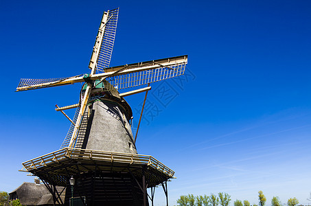 荷兰内地的荷兰风车植物农村农场文化生态遗产乡村历史蓝色风景图片