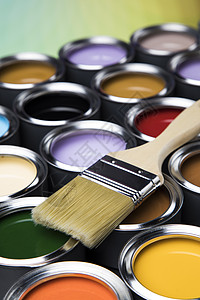 油漆笔刷 锡罐和彩色指导样品画笔家庭作业车轮用具工具装修维修滚筒染色金属图片