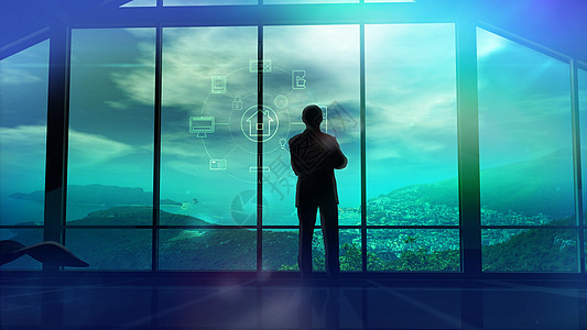 在大窗户前的大型办公室里的男人 3D 插图领导者投资电脑商务人士金融消费者蓝色绿色商业图片