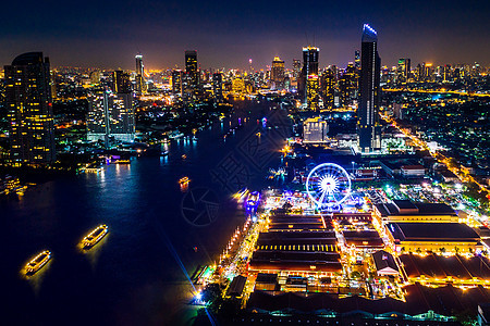 曼谷市风景在泰国的夜间办公室街道购物商业建筑蓝色车轮旅行公园游客图片
