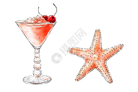 鲜果和海星的美味冰淇淋彩色手绘插图 夏季新鲜鸡尾酒加樱桃和玻璃粉碎的冰块 沙滩上健康饮品图片