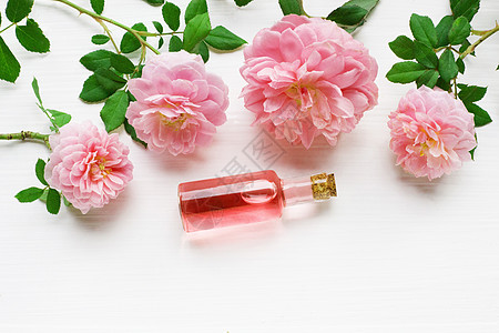 几瓶必需的玫瑰油用于芳香治疗化学玻璃花瓣草本植物玫瑰液体瓶子温泉药剂师草药图片