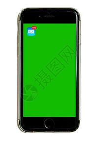 使用绿色染色体密钥和邮件图标 触摸屏 白背景隔离的智能电话保护性手机图片
