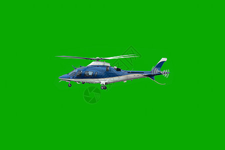 白色和蓝色直升机在飞行中 以染色绿色隔离图片
