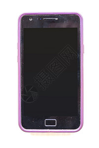 在白色背景上隔离的旧智能手机的前视图小样电话展示橡皮紫色触摸屏技术案件电脑工具图片