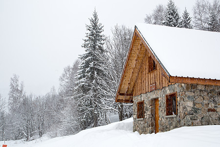 冬天的切莱特雪堆天空松树高山树木季节晴天小屋风景建筑图片