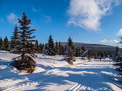 冬季森林中间的木小小木屋运动滑雪阳光农村场景滑雪者晴天天空顶峰爬坡图片