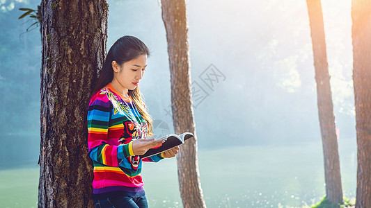 森林里的漂亮女孩在读一本书 文奇语调图片