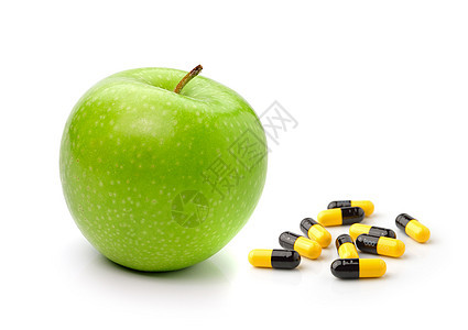 白底隔离的绿苹果和药丸胶囊药店工作室制药食物美食处方药品治愈农业治疗图片