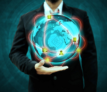商业人拥有世界 技术概念广告领导公司工作蓝色解决方案市场地球银行业经济图片