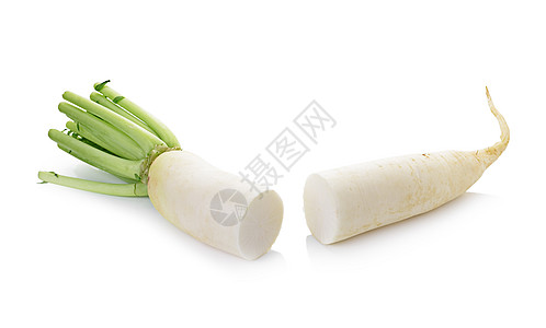 Daikon 白背景孤立的萝卜白色团体生产营养绿色食物白萝卜蔬菜饮食水平图片