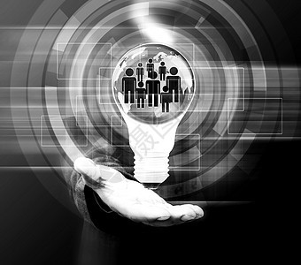 拥有灯泡的男商务人士社会网络成功力量发明商务思考战略蓝色创造力技术智力图片
