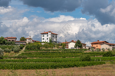 Ceglo村也位于斯洛文尼亚著名葡萄酒种植区的Zegla 园和果园由阳光和云彩照亮图片