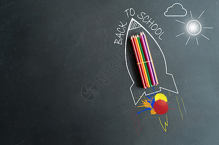 铅笔火箭返回学校背景情况粉笔购物销售蜡笔草图动机广告火箭销售量飞溅背景