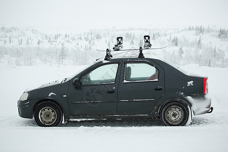 车顶上有滑雪架景观车辆下坡齿轮运动滑雪板旅行旅游森林季节图片