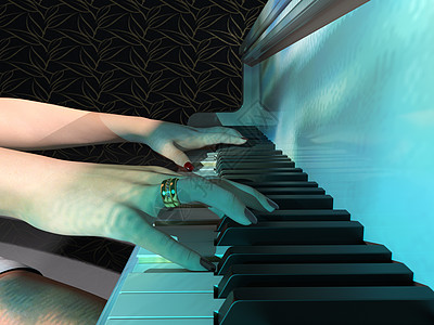 近距离接近一个女人弹钢琴键盘阴影创造力艺术女士手指3d乐器戒指音乐钥匙图片