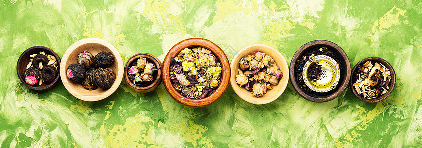 各种叶茶芳香收藏花瓣桌子药品绿茶乡村植物砂浆草本植物图片