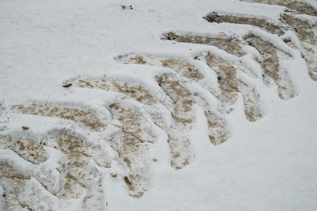 抽象冬季背景上从汽车轮胎 trea 的轨道的雪特写宏观沥青状况运输橡皮卡车土地烙印版画后卫图片