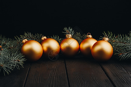 圣诞或新年玩具装饰金球和毛皮树枝质朴的木质背景顶视图复制空间季节古董装饰假期木头木板风格卡片庆典糖果图片