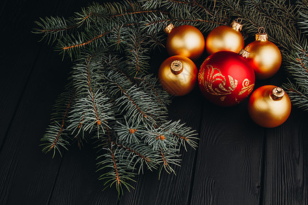 圣诞或新年玩具装饰金球和毛皮树枝质朴的木质背景顶视图复制空间风格庆典装饰闪光糖果假期古董问候语木板玩具图片
