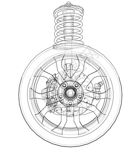 带轮子轮胎和减震器的汽车悬架草图车轮服务吸收器绘画机械橡皮维修车辆3d图片