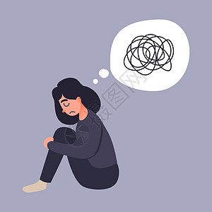 抑郁的女人坐在地上 年轻女人困惑 焦虑症 精神错乱的线条心理学焦虑疲劳疼痛成人专注女性思考概念工作图片