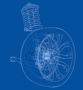 带轮子轮胎和减震器的汽车悬架圆柱车轮车辆服务绘画蓝图金属草图运输螺旋图片
