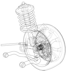 带轮子轮胎和减震器的汽车悬架力学车轮绘画吸收器技术机械服务运输线条草图图片
