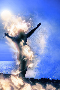 单身女人与巨浪一起着火的背影图片