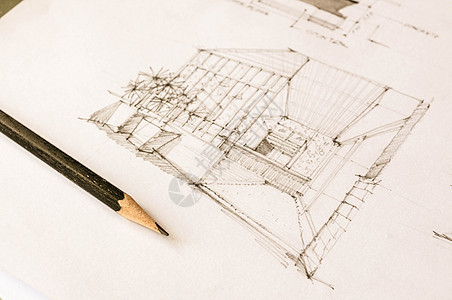 白纸上的室内设计透视草图插图铅笔功能建筑学概念工具桌子房子素描房间图片