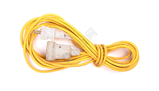 白色的黄色延伸线被孤立花环金属插头电气绳索插座图片