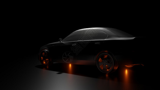与银色汽车和红色火光的黑暗的背景运动车轮渲染车辆金属辉光黑色奢华3d反思图片