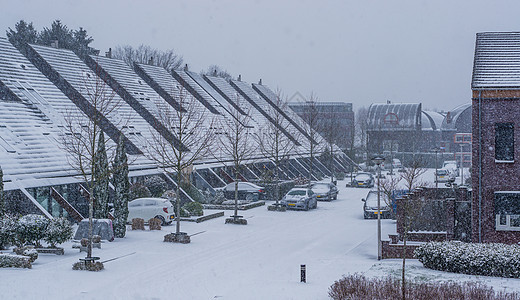 冬季的荷兰村庄 一个现代荷兰村庄的街道 雪天 荷兰的城市景观图片