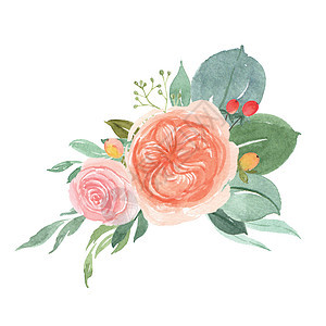 水彩花卉手绘花束郁郁葱葱的花朵复古风格水彩画隔离在白色背景植物学艺术装饰玫瑰绘画橙子牡丹热带树叶婚礼图片