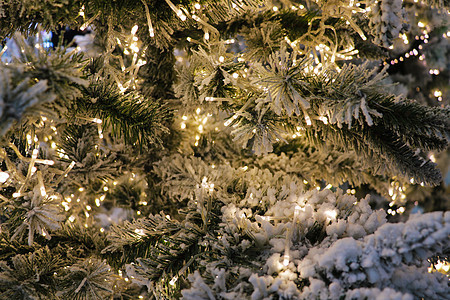 圣诞节背景-中看不中用的物品和云杉树枝 在闪闪发光的灯光和人造棉绒的圣诞树上 圣诞装饰品 冬天的概念图片
