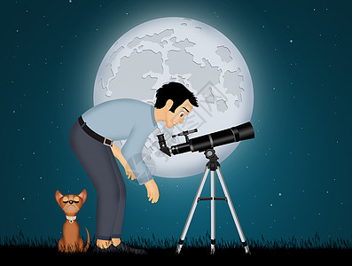人类在望远镜中寻找宇宙星系月亮星星三脚架男人科学探索插图天文学图片
