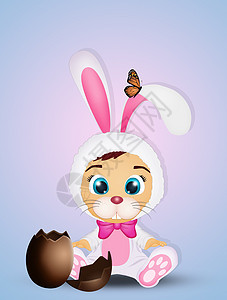复活节穿着兔子服装的孩子明信片礼物耳朵庆典插图戏服婴儿巧克力蝴蝶惊喜背景图片