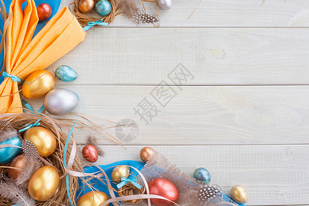 复活节快乐边框框架边界木头丝带卡片食物耳朵蓝色兔子金子传统图片