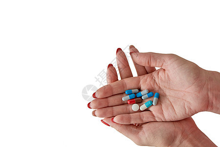 女性手上有各种彩色药品药丸 药片和胶囊 包括处方疼痛医院治疗治愈物理药店瓶子制药止痛药图片