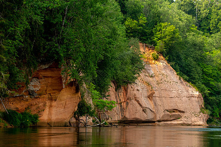 河流沿岸的红沙石悬崖风景公园远足流动溪流木头旅游地标岩石假期图片