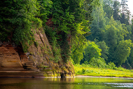 拉脱维亚有河流 悬崖和森林的景观木头公园旅行爬坡溪流岩石远足反射石头环境图片