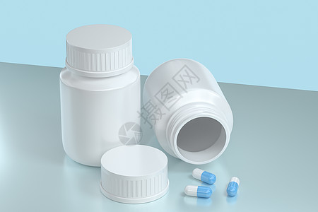 带胶囊的 3d 渲染白色药瓶化学处方颗粒剂药品药剂颗粒康复药店蓝色药片图片