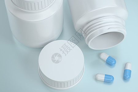 带胶囊的 3d 渲染白色药瓶处方药剂化学制药生物颗粒剂抗生素治愈颗粒治疗图片