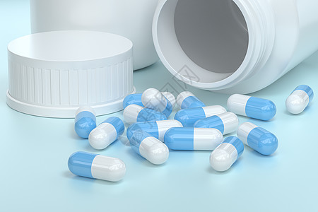 带胶囊的 3d 渲染白色药瓶蓝色治疗药店颗粒药物药剂疾病康复药片药品图片