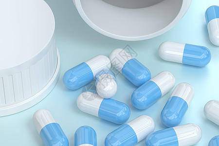 带胶囊的 3d 渲染白色药瓶生物康复药物瓶子抗生素制药药店技术化学品药剂图片