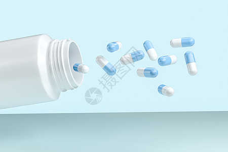 带胶囊的 3d 渲染白色药瓶药店药品蓝色瓶子药剂处方生物制药化学药片图片